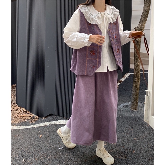 Set áo vest gile thêu vải nhung + chân váy dài + áo sơ mi dành cho nữ