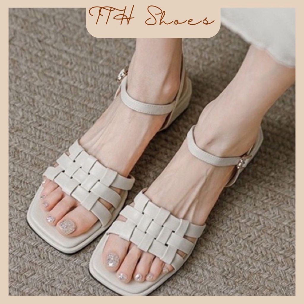 Giày Sandals cao gót quai ngang đan dây nhiều màu gót vuông cao 3cm bigsize - TTH_SHOES