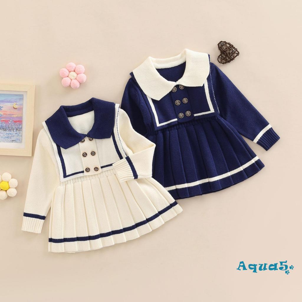 Aqq-đầm Sweater Xếp Ly Tay Dài Cổ Thủy Thủ Màu Tương Phản Cho Bé Gái