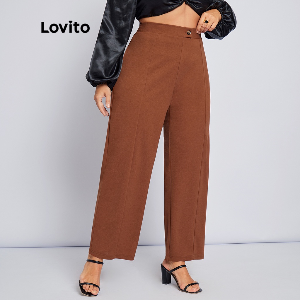 Quần Lovito plus size kết cấu khóa kéo có nút màu trơn phong cách thường ngày cho nữ LPS04057 (màu nâu)