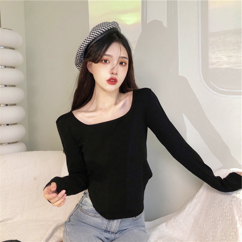 NRVP Áo thun nữ dài tay dáng rộng màu trơn thời trang Hàn Quốc