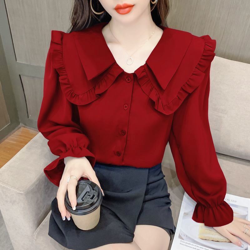 Long Sleeve Shirt Women Plus Size Loose Red Blouse Korean Style New Fashion Simple Ladies Tops