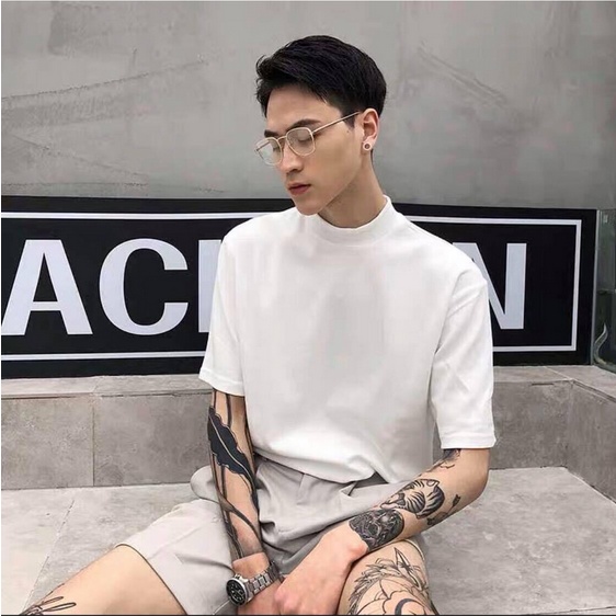 Áo thun nam trơn cổ cao mùa hè, phong cách trưởng thành nam tay lửng
