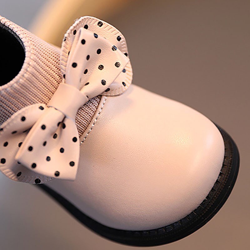 Giày Bé Gái Cổ Cao Boot Thun - Bốt bé gái đính nơ chấm bi có lót lông khoá kéo sang chảnh điệu đà (sz21-sz30) C277