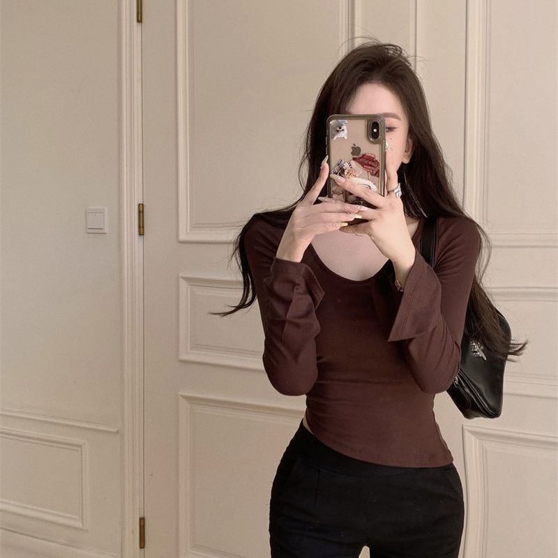 COZOK Áo Thun Tay Dài Cổ Vuông Dáng Ôm Ngắn Thời Trang Trẻ Trung