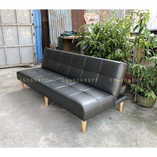 sofa giường da công nghiệp màu xám đen chân gỗ