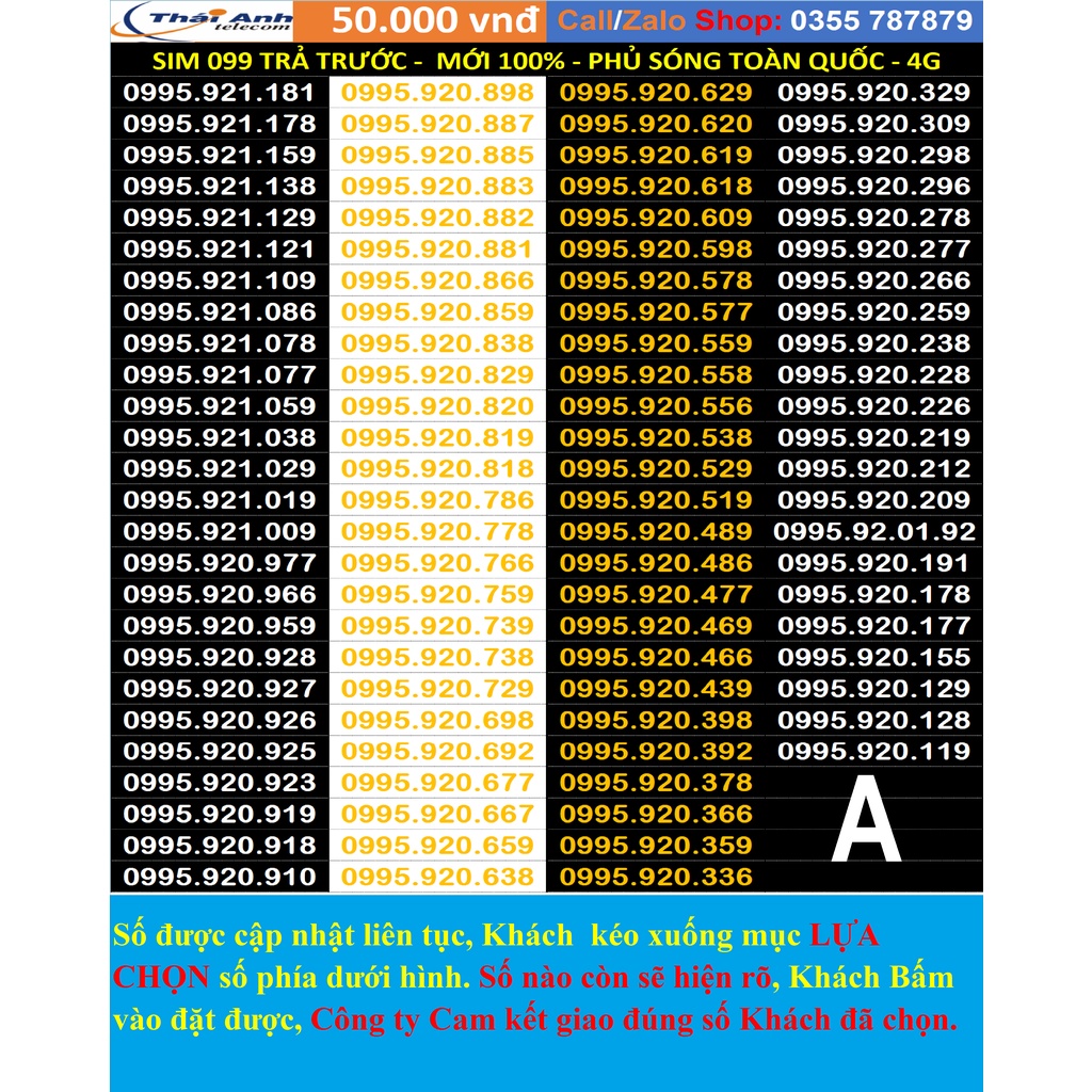 Sim 099 Trả Trước - Chọn số - Vùng Phủ sóng toàn quốc - Sim Nghe Gọi, Nhắn tin, 4G, đăg ký chính chủ, đồng giá 50.000đ