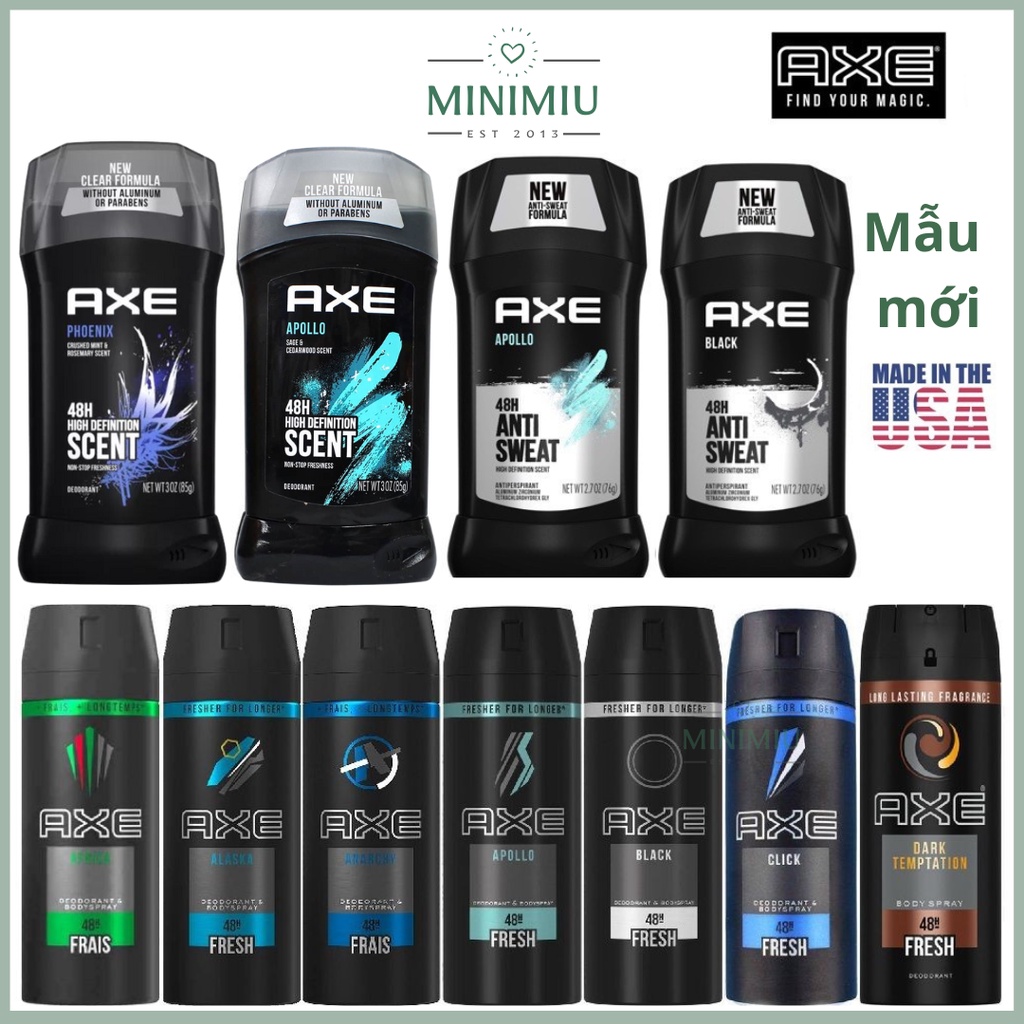 Lăn Khử Mùi cho nam AXE Antiperspirant Deodorant FOR MEN 76g USA/lăng nách Axe Apolo/Phoenix/black dạng sáp 85g/Xịt Axe