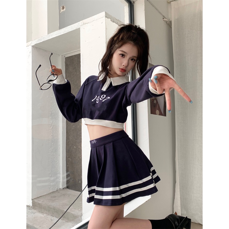 Bộ Áo Nỉ Dài Tay In Họa Tiết + Chân Váy Mini Lưng Cao Xếp Ly Thời Trang Hàn Quốc Cho Nữ