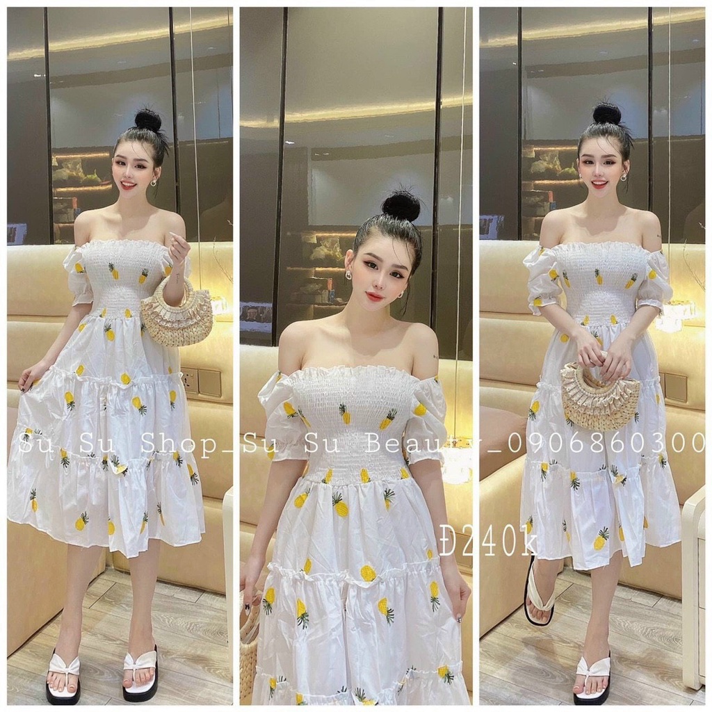 Đầm Váy Nữ Xếp 3 Tầng Chạy MocKing Hoạ Tiết Dâu Dứa ( Có Lót Trong ) Thiết Kế Sang Chảnh Đi Làm Công Sở, Dạ Hội