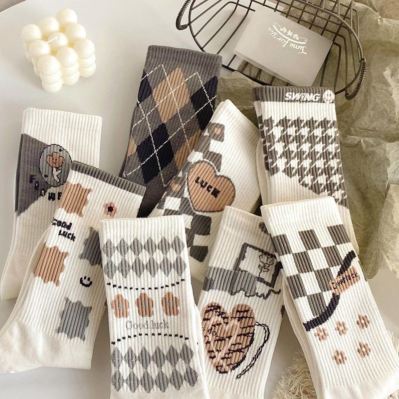 Tất Vớ Nữ Cổ Cao Loại Dày Cotton Mịn Hình khối Phong Cách Nhật Bản - Mã D2R13