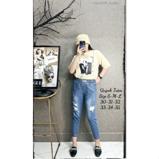 Quần jean dáng baggy lỡ mẫu rách bo chun lưng thun xanh đậm