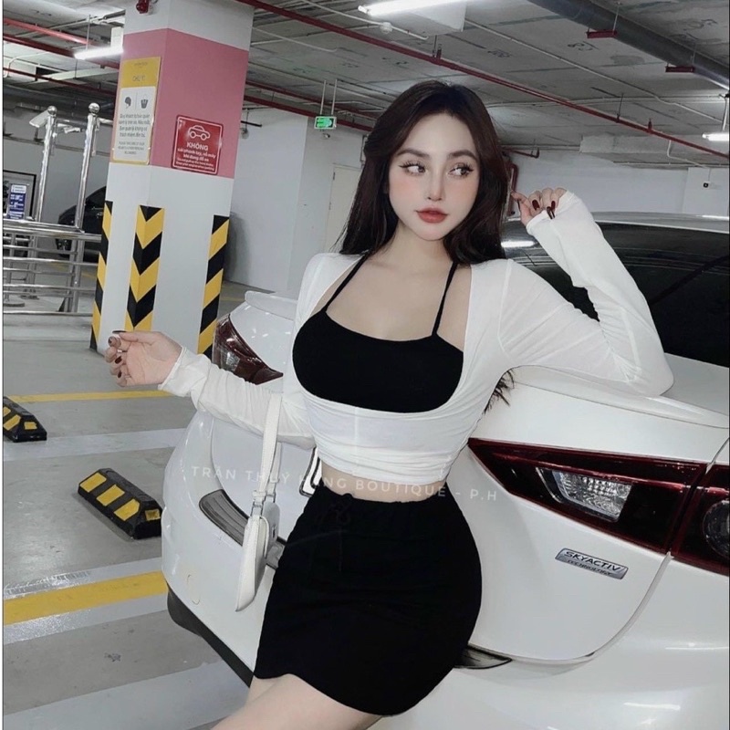 Set áo thun tay dài nữ, áo croptop tay dài dáng ôm kèm áo hai dây quyến rũ thiết kế gợi cảm cho nữ freesize tới 56kg