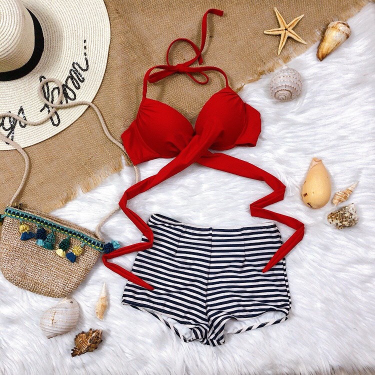 Bikini 2 mảnh, đồ bơi đi biền áo chéo eo gọng nâng ngực mix quần cao short xanh đen sọc trắng sành điệu 2022