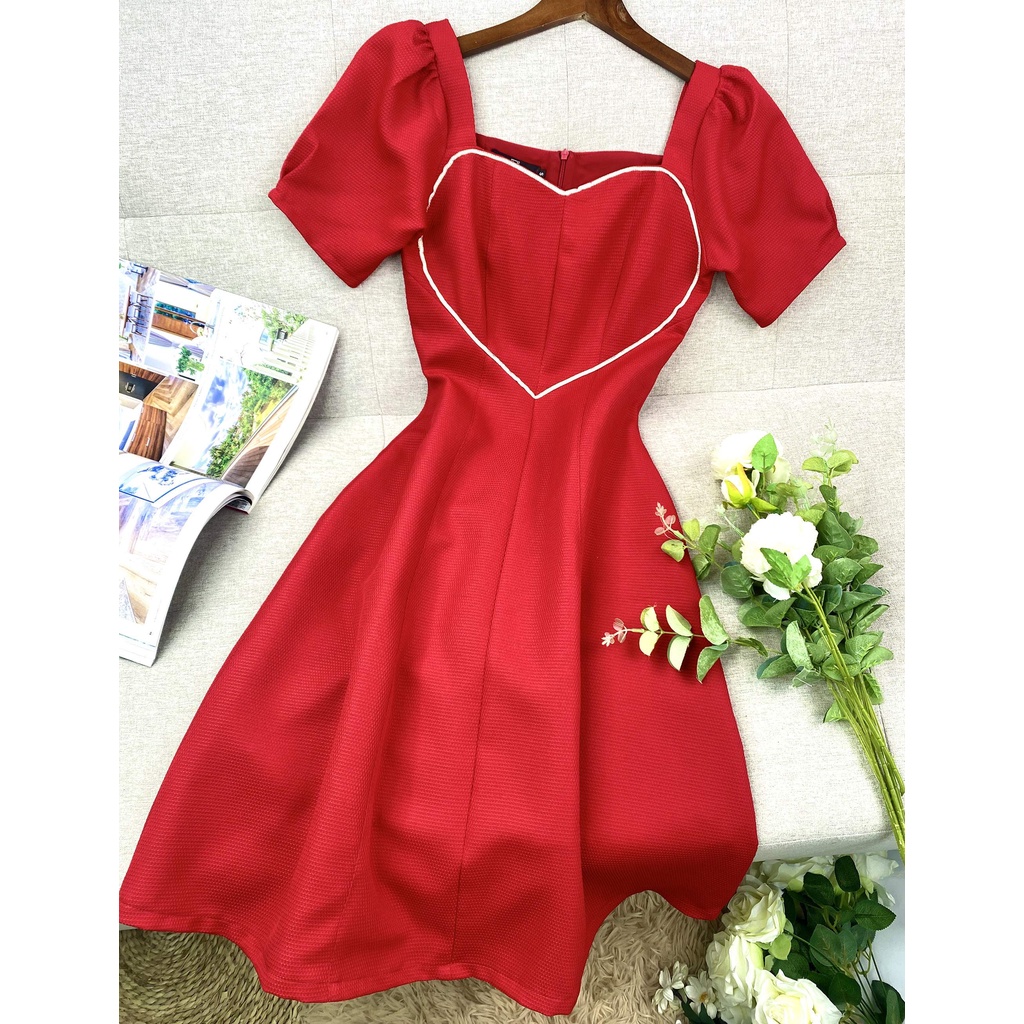Đầm đỏ dự tiệc sang trọng dáng dài xòe cổ vuông tay phồng thanh lịch thiết kế cao cấp xinh đi tiệc sự kiện - Lux W