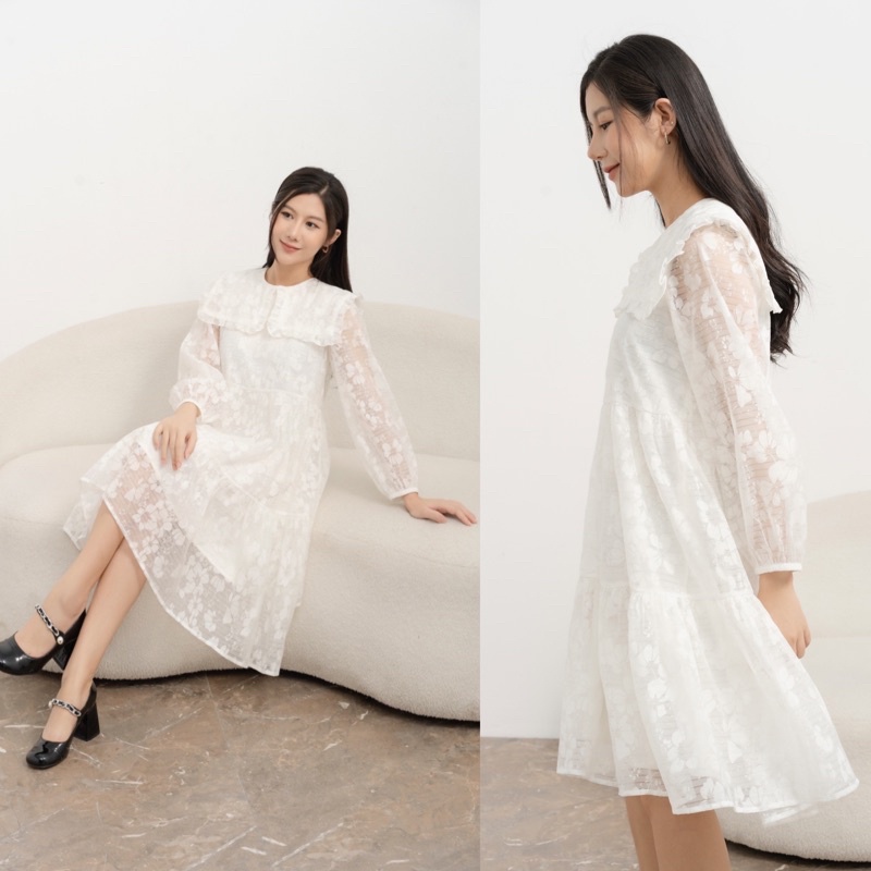 Đầm organza ren hoa trắng cổ bản to, phom suông dáng babydoll tầng rất xinh nhẹ nhàng