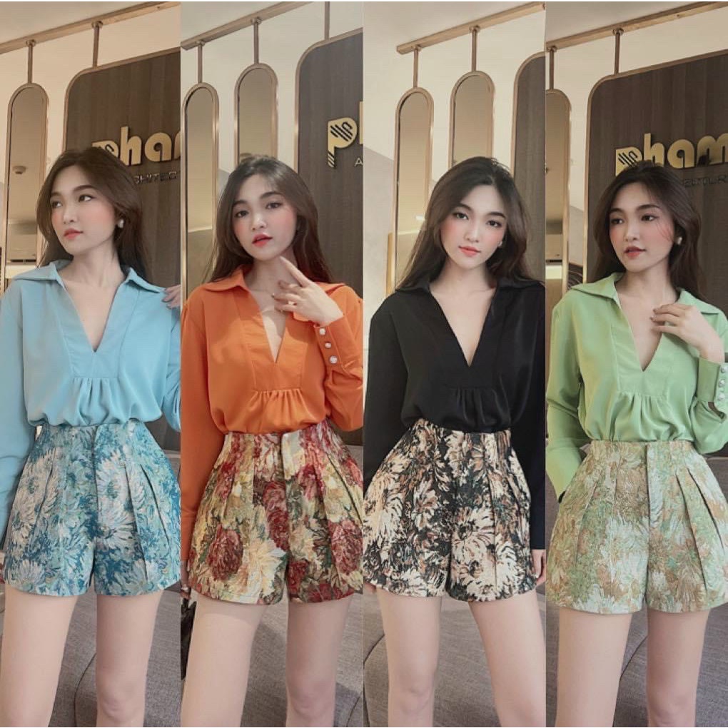 [11.11 Sale Freeship] Set bộ tiểu thư nữ,chất đũi áo dài tay cổ V kèm quần đùi họa tiết có túi đi chơi dạo phố xinh xắn