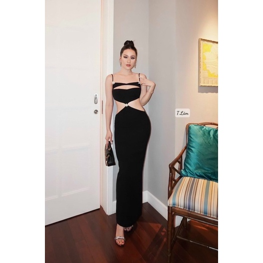 Đầm body hai dây khoét eo đính tag đá sexy