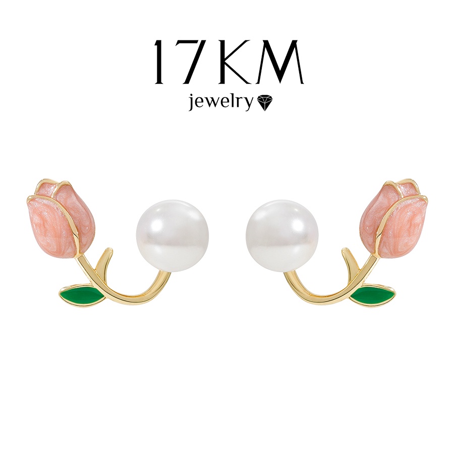 Bông tai 17KM hình hoa tulip đính ngọc trai thời trang cho nữ
