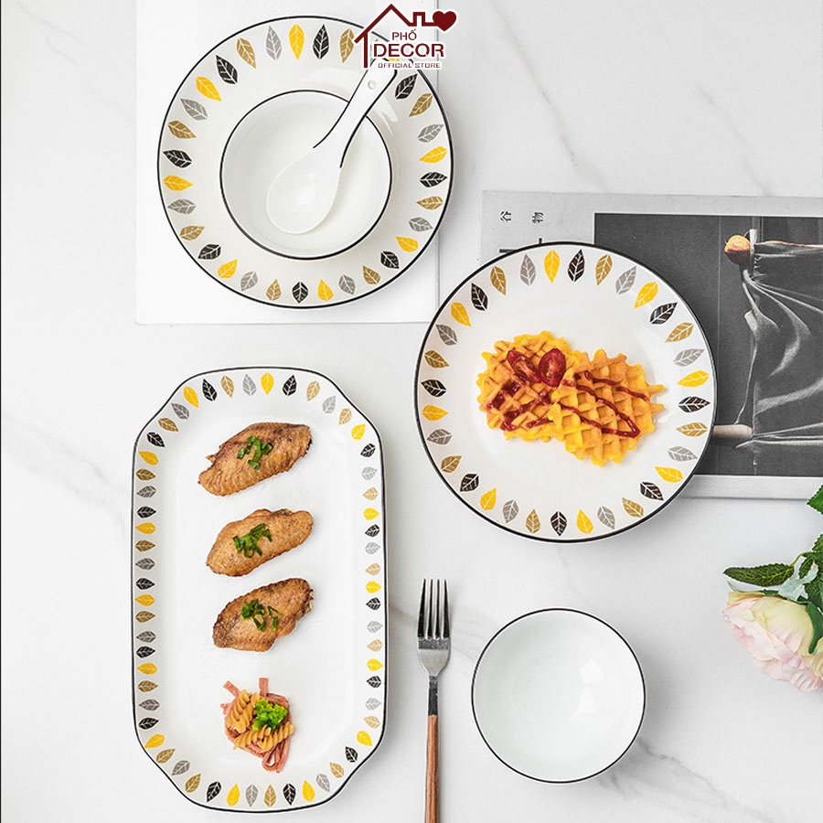Bộ Bát Đĩa Phố Decor Ăn Cơm Phong Cách Nhật Bản Họa Tiết Lá Chất Liệu Gốm Sứ Cao Cấp - Mẫu 4