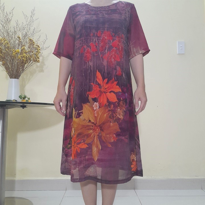 Đủ Size 50Kg Đến 90Kg - Váy Đầm Trung Niên - Vải Voan Sang Trọng 2 Lớp Form Suông A Che Bụng