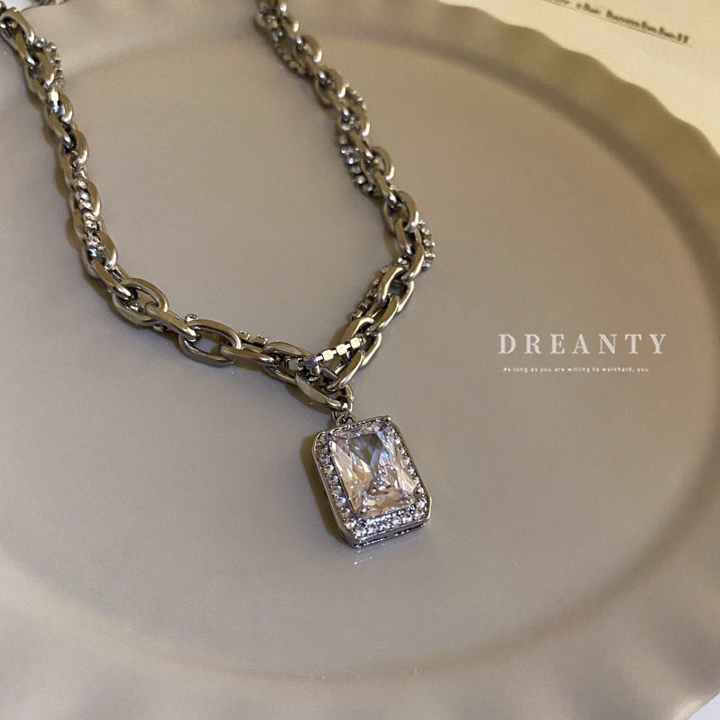 Dây Chuyền Hai Lớp Mặt Vuông Đính Đá Zircon Phong Cách Âu Mỹ Cá Tính Thời Trang