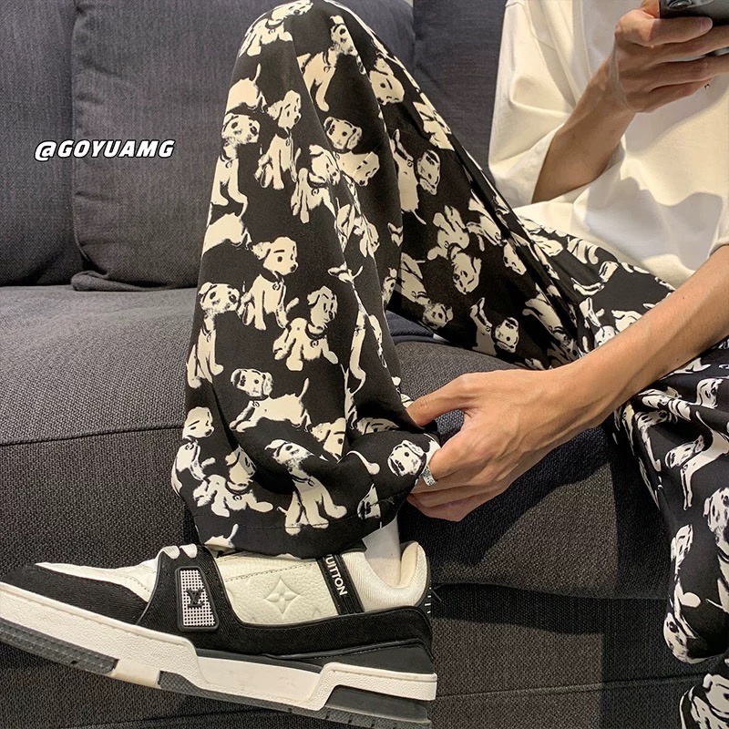 Quần thun ống suông hoạ tiết chú chó phong cách unisex nam nữ SIB135