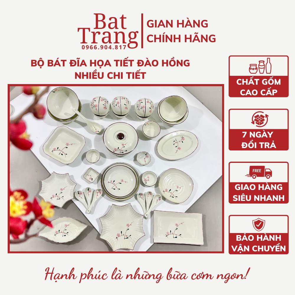 Bộ bát đĩa sứ men kem Bát Tràng cao cấp họa tiết hoa đào hồng - hàng có bảo hành