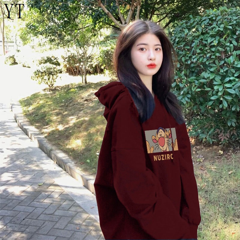Rampage2022 Áo Hoodie Nỉ Mỏng Dáng Rộng Lót Lông Cừu Màu Đỏ Rượu Vang Phong Cách Thu Đông Mới Cho Cặp Đôi