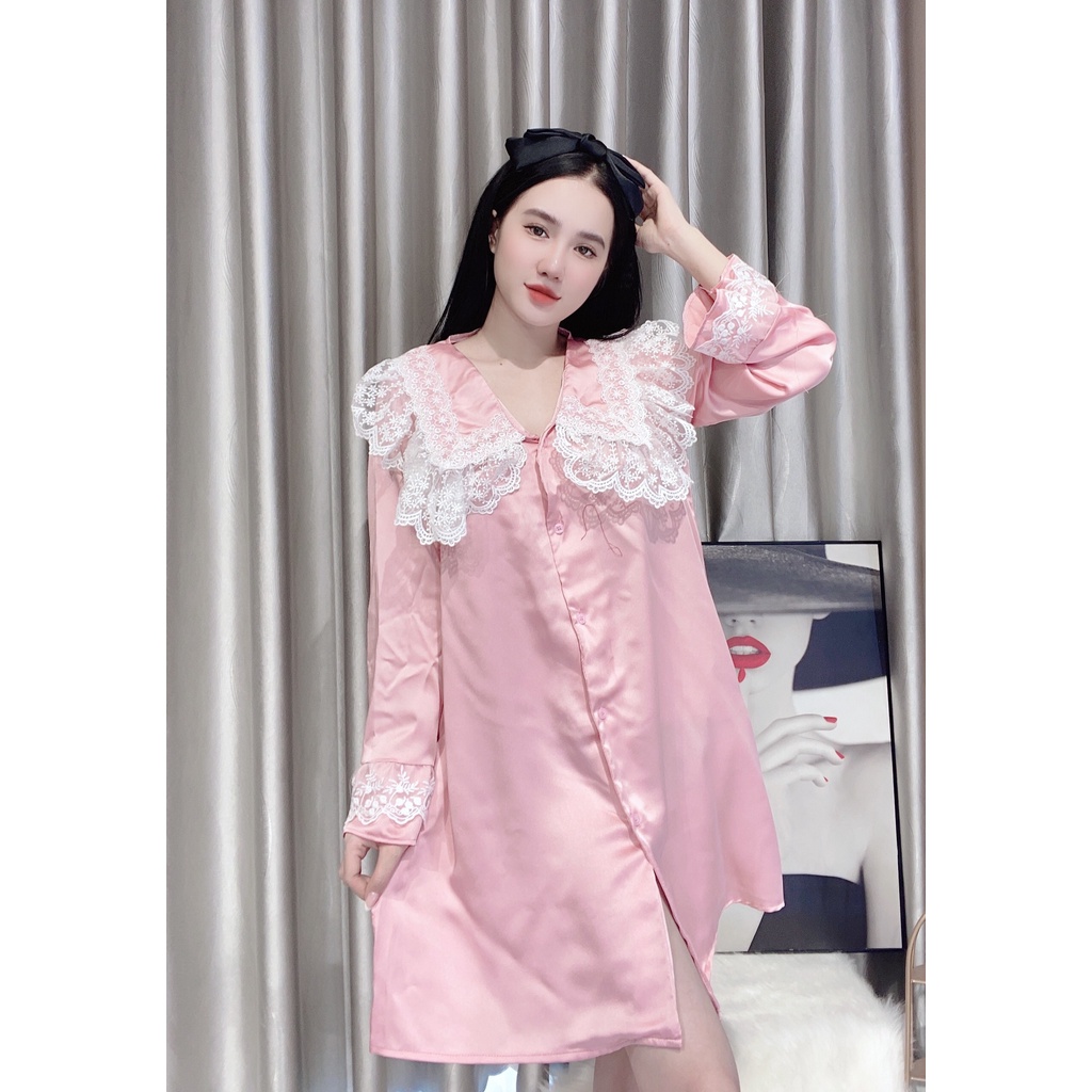Váy ngủ lụa dễ thương mặc nhà dài tay Nguyễn Tình Store đầm ngủ tiểu thư cổ bèo phối ren mềm mại xinh xắn Freesize | BigBuy360 - bigbuy360.vn