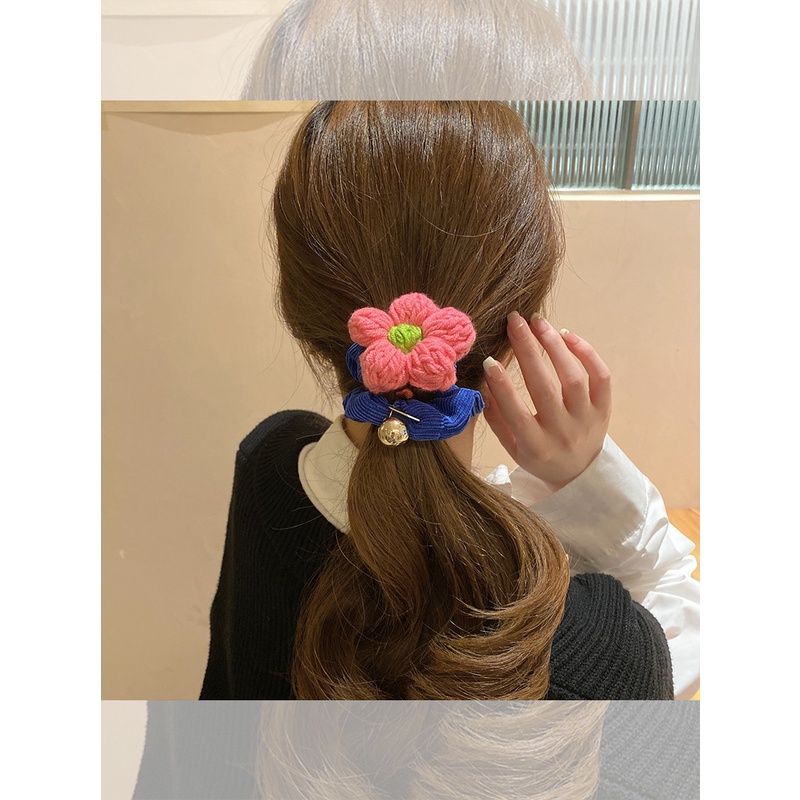 Dây Buộc Tóc Cao Su Bọc Vải Len Họa Tiết Hoa Đơn Giản Thời Trang Cho Nữ