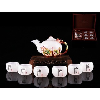Hàng đẹp bộ ấm chén đá mã não - gồm 1 ấm + 6 chén + đế gỗ gia cát