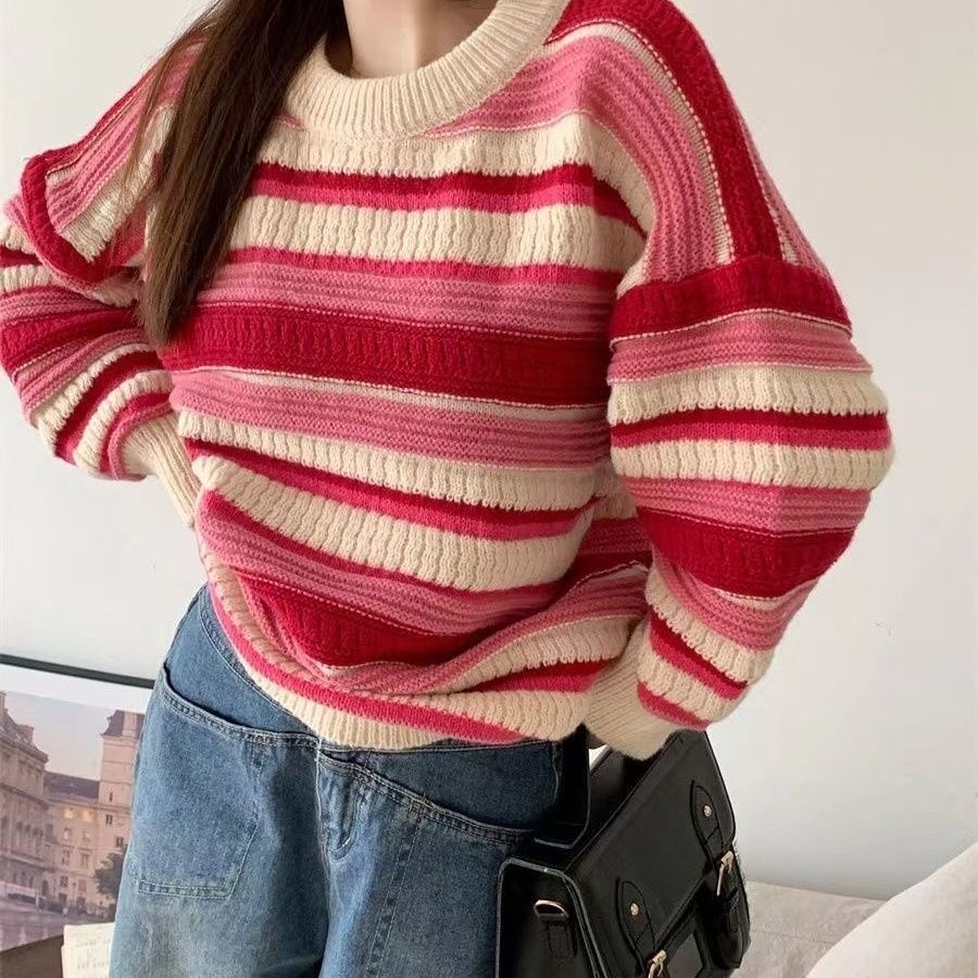 Áo Sweater Cổ Tròn Dáng Rộng Họa Tiết Kẻ Sọc Phong Cách Nhật Bản Thời Trang Thu Đông Mới Cho Nữ