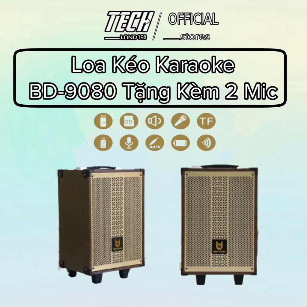 Loa Kéo bluetooth DB9080 mini di động Kèm 2 Mic Hát karaoke Không dây Cao cấp