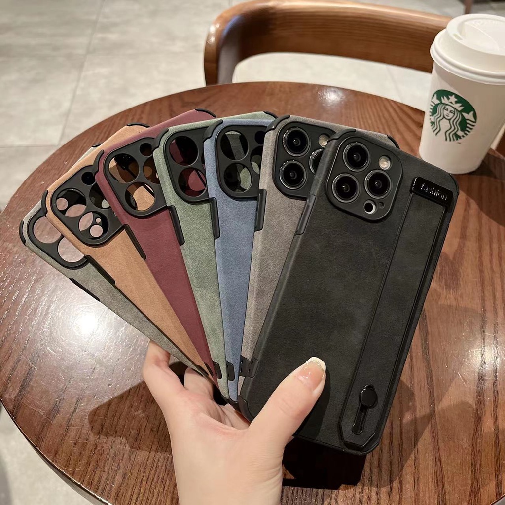 Ốp Điện Thoại Bằng Da Lộn Có Dây Vòng Tay Cho iPhone 14 13 12 11 pro max