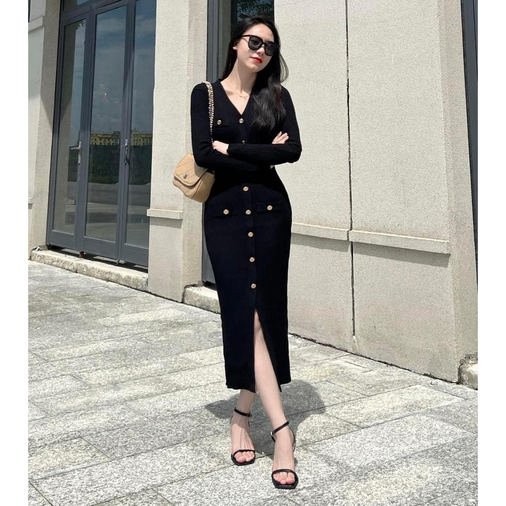 VÁY LEN ĐÍNH CÚC CỔ V DÁNG DÀI