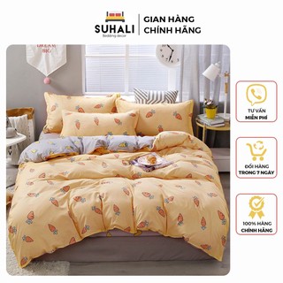 Bộ chăn ga giường cotton poly cà rốt vàng xám Suhali Shop, vỏ chăn mền, drap nệm và 2 vỏ gối