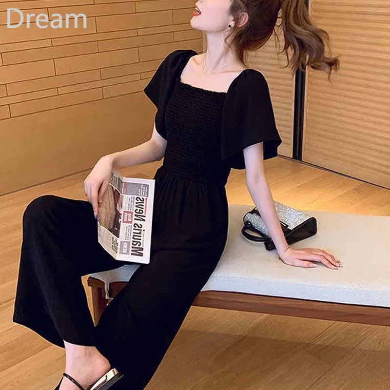 Wide-legged jumpsuit women's thin temperament high-grade small waist square collar black jumpsuit