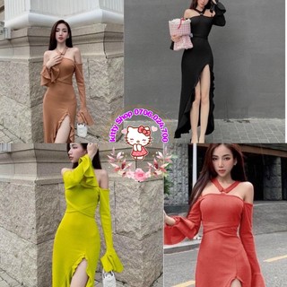 🎀 Đầm ôm body cổ yếm có khoen dáng dài tay loe trễ vai xẻ tà viền bèo cổ phối dây cột eo (Có mút ) 🎀