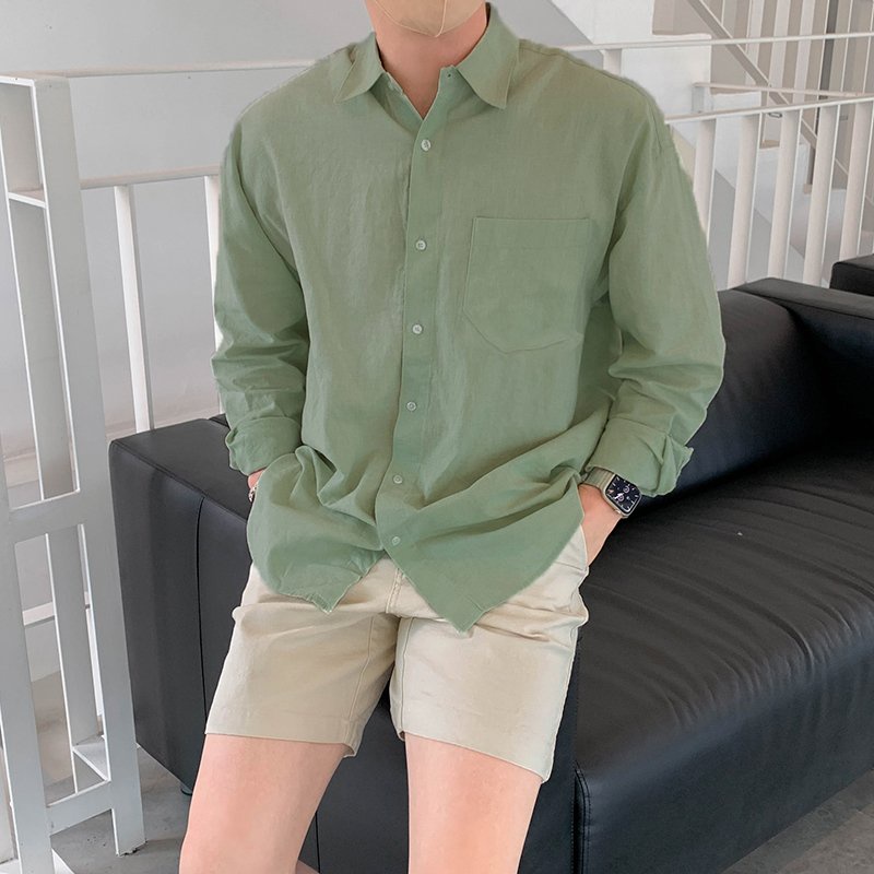 Áo sơ mi nam trơn dài tay form rộng hàn quốc vải linen đứng form, thấm hút mồ hôi tốt - SEOUL