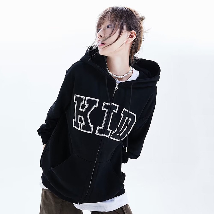 IELGY    Áo Khoác Hoodie Có Khóa Kéo Thêu Chữ Phong Cách Mỹ Cổ Điển Thời Trang Cho Nữ