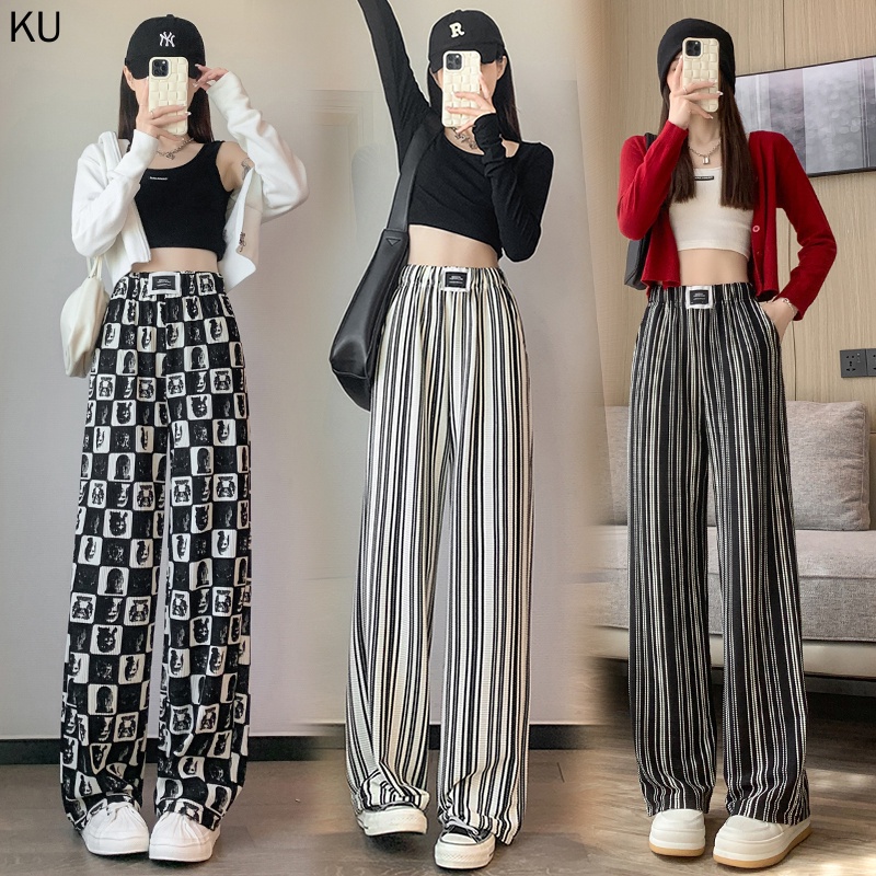 Hàng Mới Về Quần Dài Ống Rộng Lưng Cao Họa Tiết Kẻ Sọc Trắng Đen Thời Trang Mùa Thu 2022 Cho Nữ