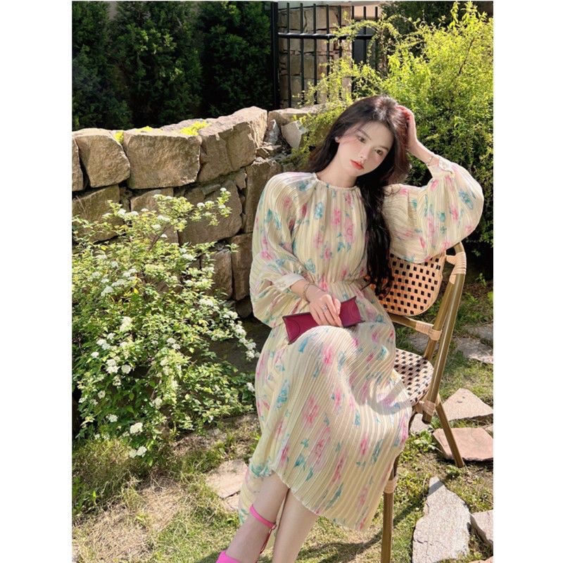 Váy maxi hoa xếp ly nhỏ pure desire pháp eo nhỏ cao cấp khí chất nhẹ nhàng như gió mùa xuân thu 2022