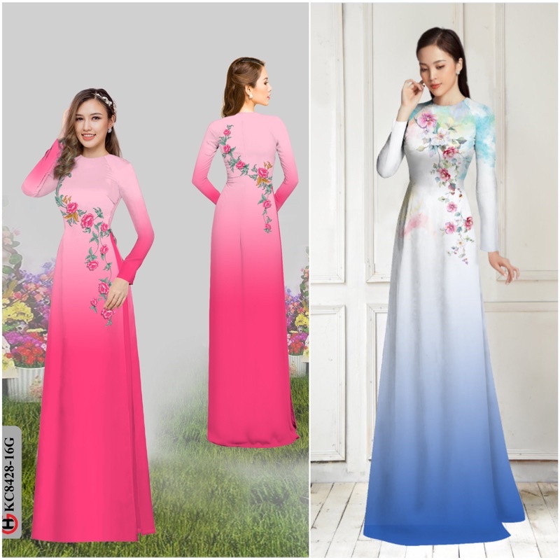 Vải Áo Dài Tằm Ý Hoa Chéo Vai Chuyển Sắc Ombre