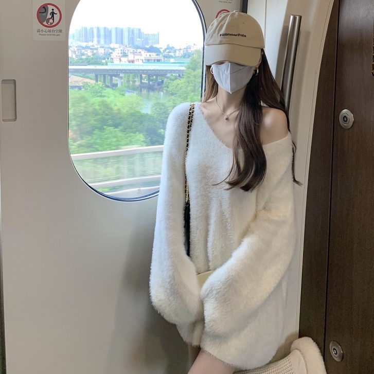 QKOOLE  Áo Dệt Kim Tay Dài Dáng Rộng Cổ Chữ V Màu Trơn Phong Cách Hàn Quốc Cho Nữ