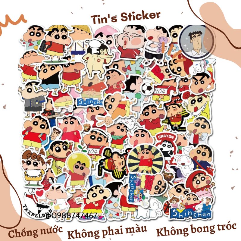 Set combo 50 sticker decal Shin Cậu bé bút chì chống thấm nước dán nón bảo hiểm vali laptop xe máy đàn guitar
