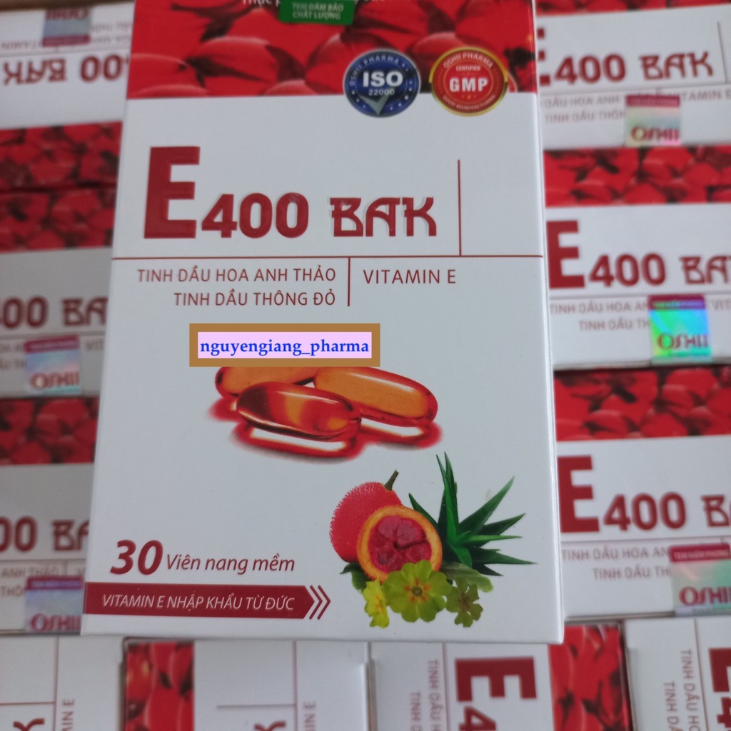 Viên uống E400 BAK - Bổ sung Vitamin E hỗ trợ tăng cường chống oxy hoá, đẹp da, sạm da, nhăn da - Lọ 30 viên nang mềm