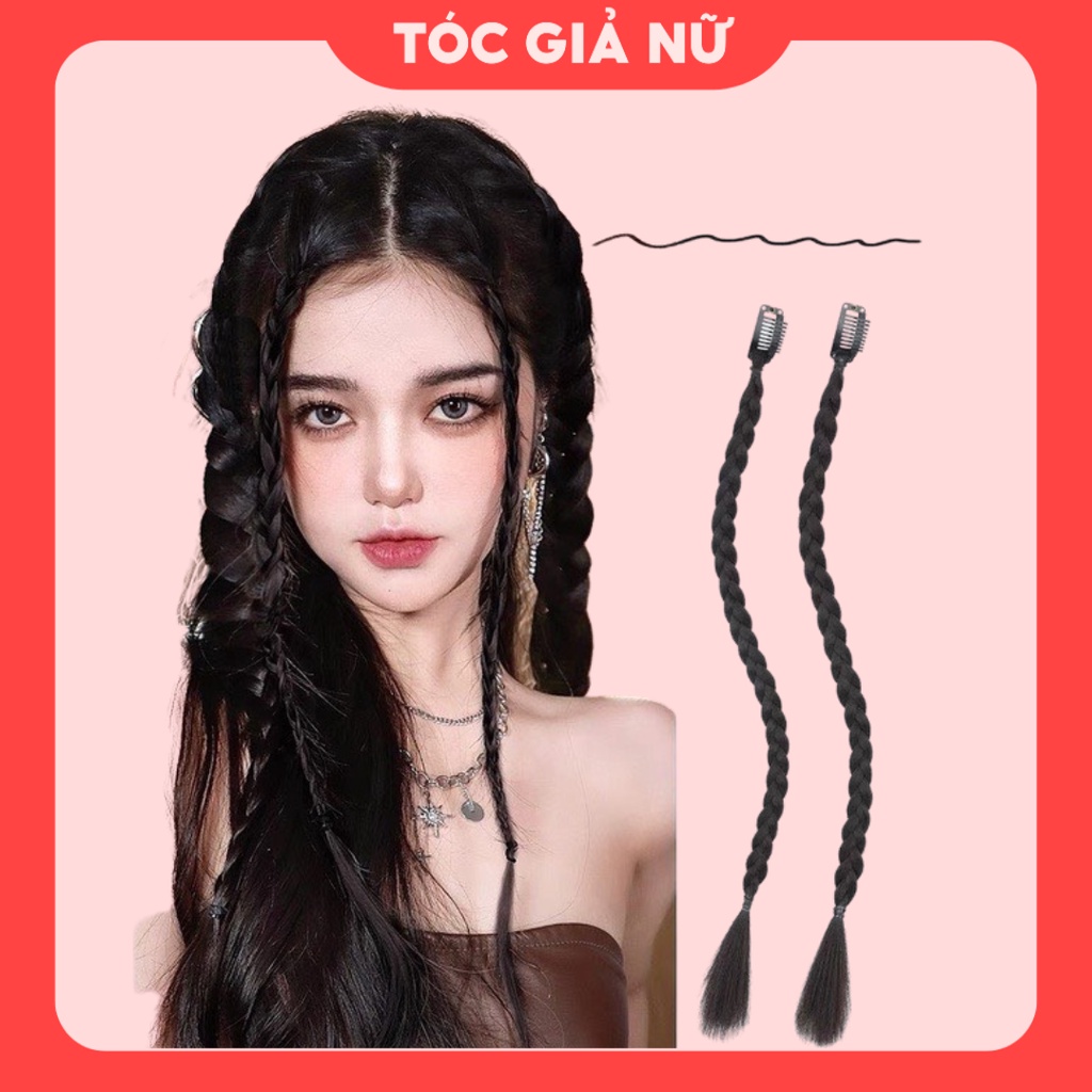 Tóc giả bím kẹp mái 4 màu dạng tết đuôi ngựa dài giá 1 bên