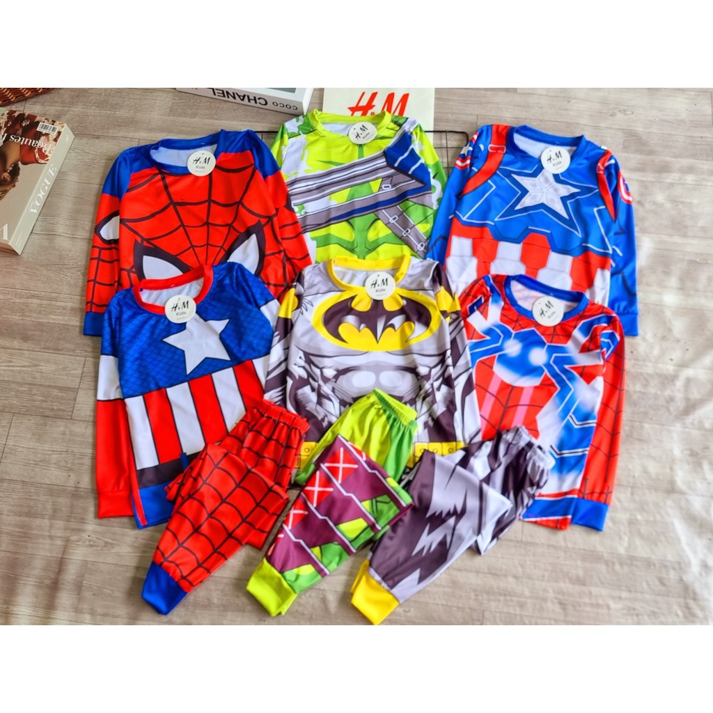 (15-32kg) Bộ quần áo dài tay siêu anh hùng, bộ ngủ thun 3D Marvel, người nhện, batman, siêu nhân size đại