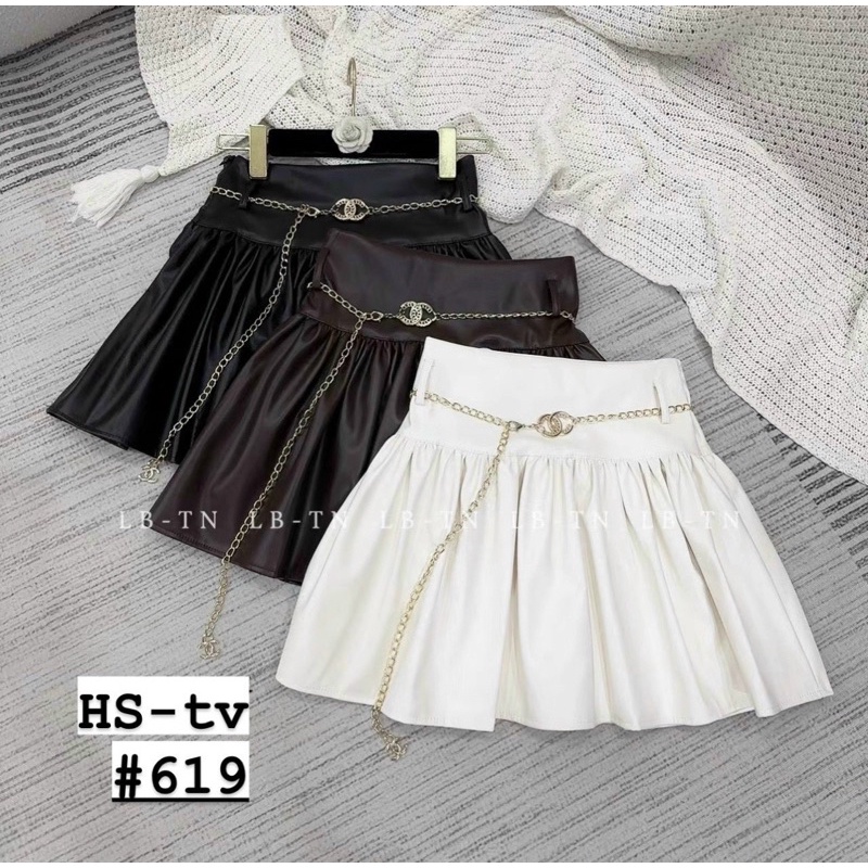 Chân váy da xòe kèm dây xích chất mềm co dãn cạp cao CV619 - NhiNhi Shop